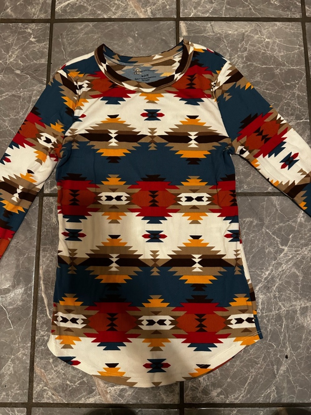 No Boundaries Aztec Print Long Sleeve Tunic - Teal, Red, Mustard, Brown, White